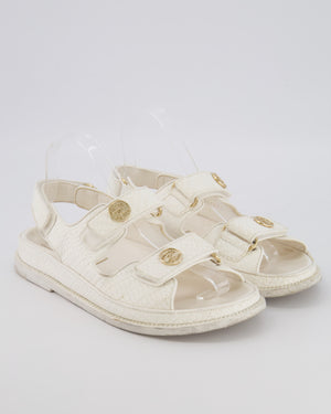 Chanel White Textured Leather Dad Sandals with Gold CC Logo Buttons Size EU 37