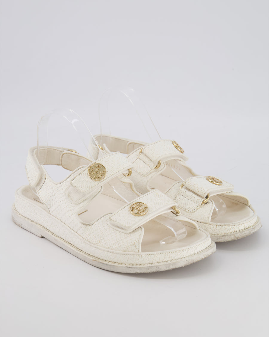Chanel White Textured Leather Dad Sandals with Gold CC Logo Buttons Size EU 37