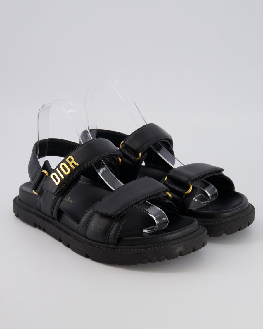 Christian Dior Dioract Dad Sandals in Black Lambskin with Brushed Gold Logo Size EU 37 RRP £920