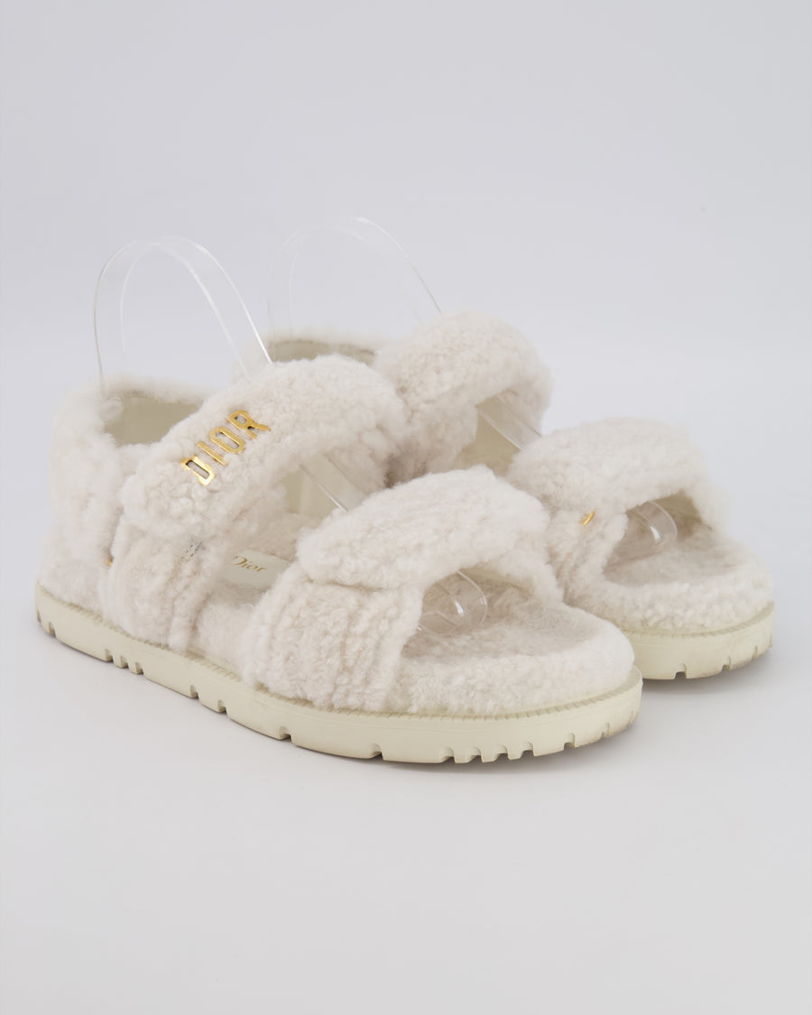 Christian Dior Dioract Dad Sandals in White Shearling with Brushed Gold Logo Size EU 37 RRP £1,200