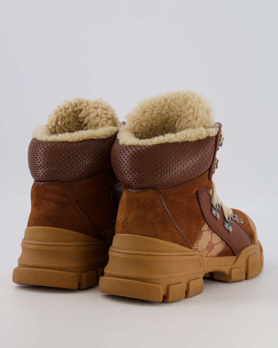 Gucci Flashtrek GG Canvas Shearling Hiking Boots in Brown with Orange Logo Patch Size EU 37.5