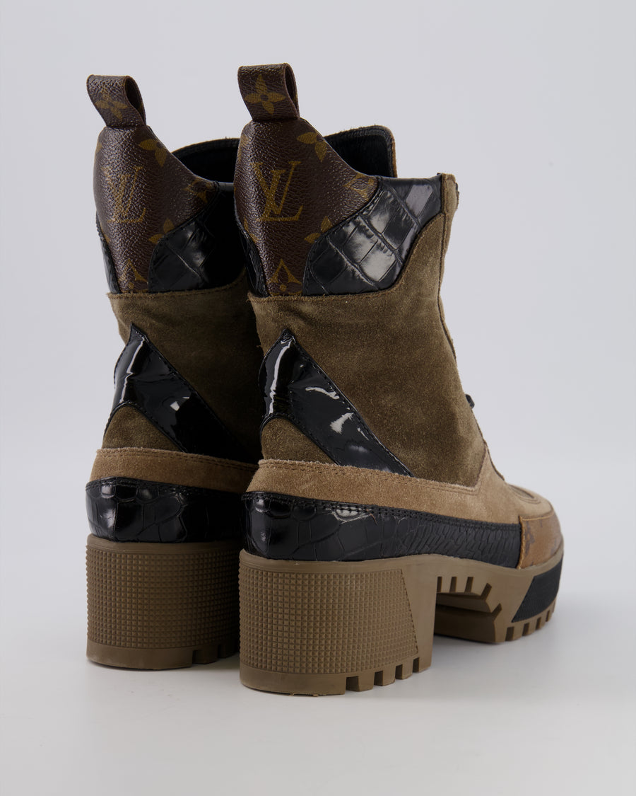 Louis Vuitton Laureate Platform Desert Boots in Khaki Suede and Brown Monogram Leather with Black Patent Croc-Embossed Leather Panels RRP £1,450 Size EU 37