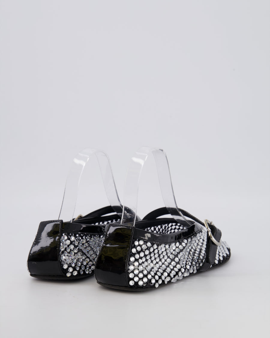Alaïa Black Mesh Crystal-Embellished Ballet Flats with Patent Leather Strap Detail Size EU 37.5 RRP £955