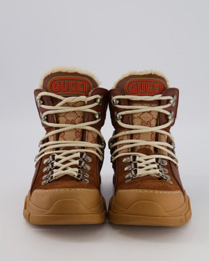 Gucci Flashtrek GG Canvas Shearling Hiking Boots in Brown with Orange Logo Patch Size EU 37.5