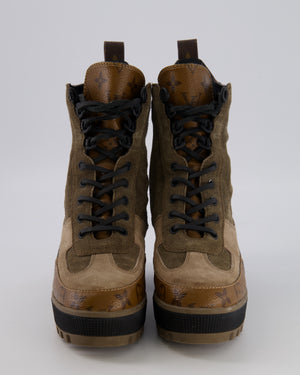 Louis Vuitton Laureate Platform Desert Boots in Khaki Suede and Brown Monogram Leather with Black Patent Croc-Embossed Leather Panels RRP £1,450 Size EU 37