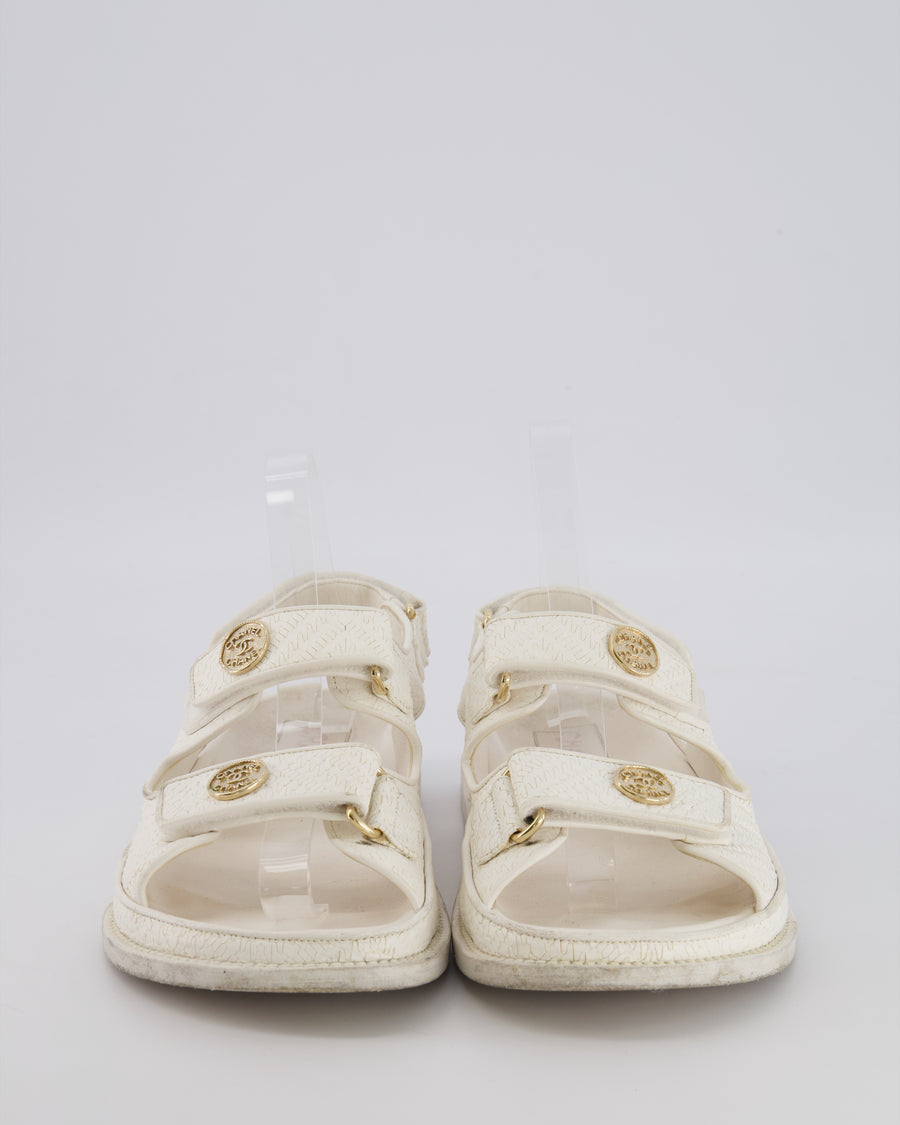 Chanel White Textured Leather Dad Sandals with Gold CC Logo Buttons Size EU 37