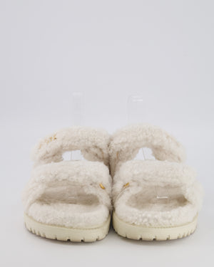 Christian Dior Dioract Dad Sandals in White Shearling with Brushed Gold Logo Size EU 37 RRP £1,200