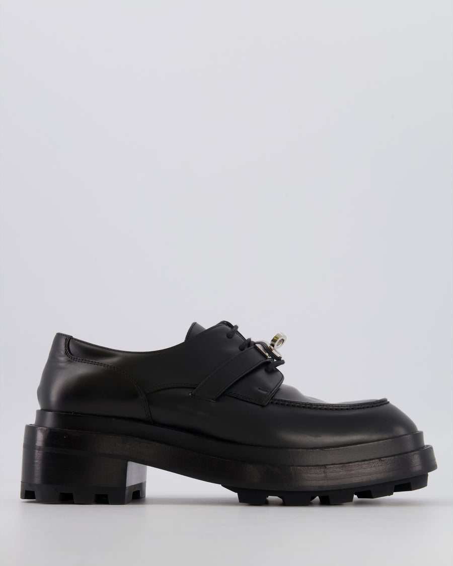 Hermès First Oxford Lace-Up Shoes in Noir Glazed Calfskin with Palladium Kelly Buckle Size EU 37.5 RRP £1,610