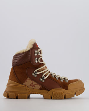 Gucci Flashtrek GG Canvas Shearling Hiking Boots in Brown with Orange Logo Patch Size EU 37.5