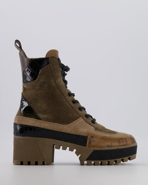 Louis Vuitton Laureate Platform Desert Boots in Khaki Suede and Brown Monogram Leather with Black Patent Croc-Embossed Leather Panels RRP £1,450 Size EU 37