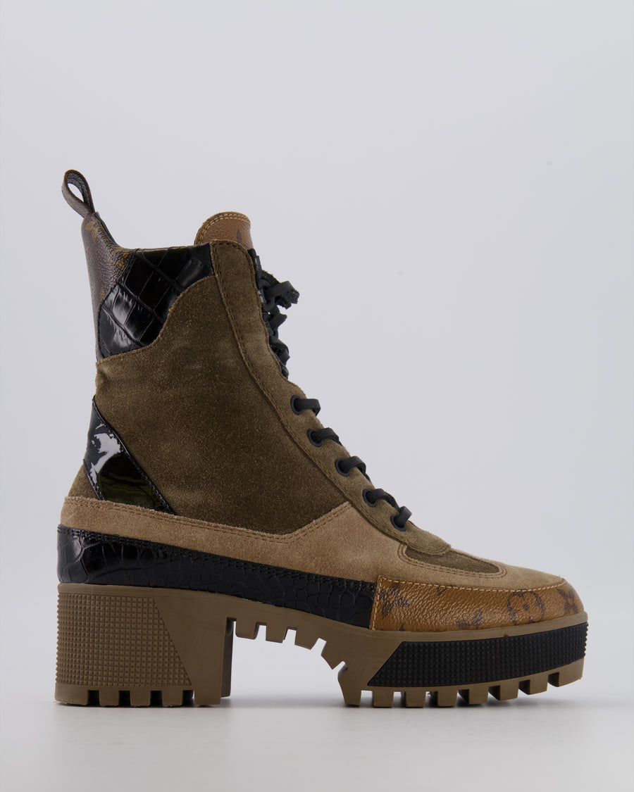 Louis Vuitton Laureate Platform Desert Boots in Khaki Suede and Brown Monogram Leather with Black Patent Croc-Embossed Leather Panels RRP £1,450 Size EU 37