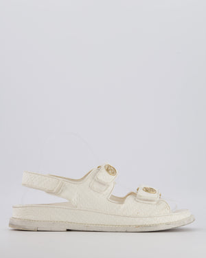 Chanel White Textured Leather Dad Sandals with Gold CC Logo Buttons Size EU 37
