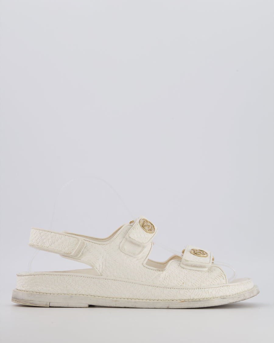 Chanel White Textured Leather Dad Sandals with Gold CC Logo Buttons Size EU 37