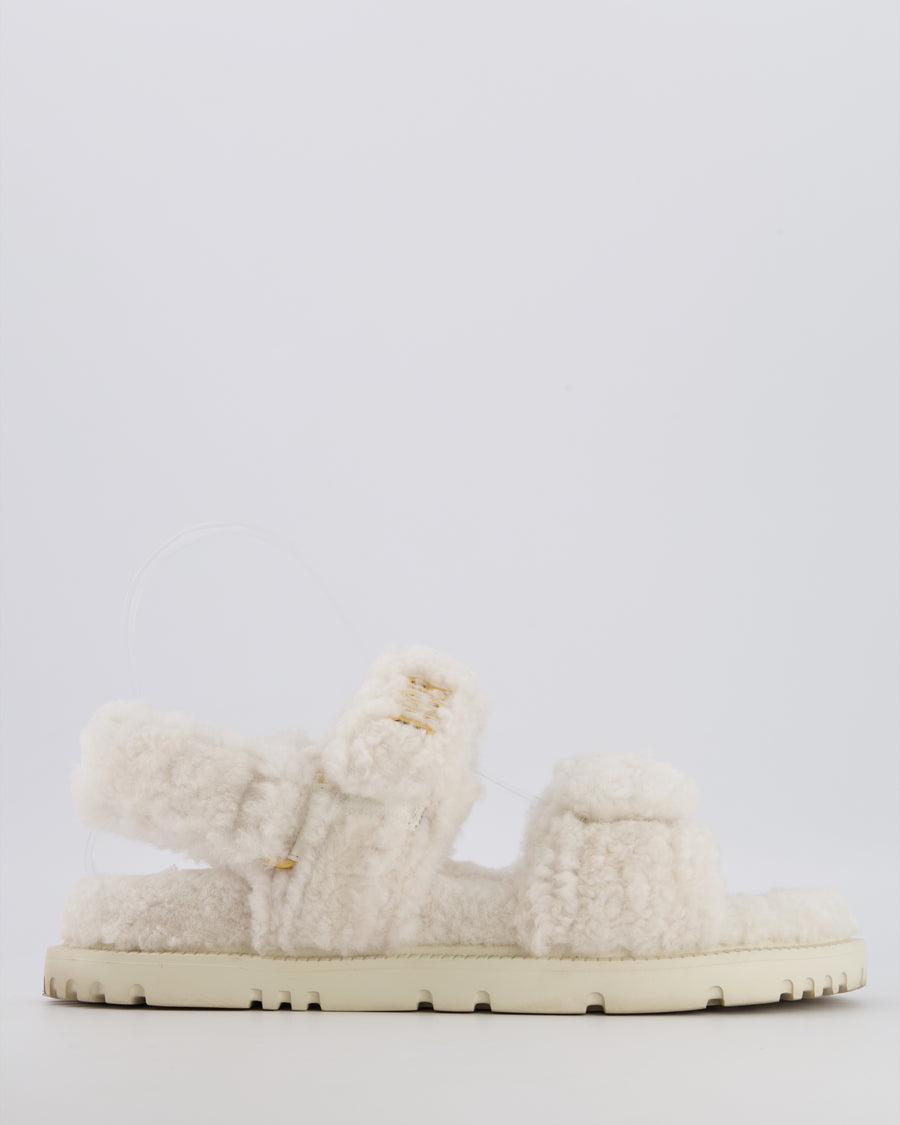 Christian Dior Dioract Dad Sandals in White Shearling with Brushed Gold Logo Size EU 37 RRP £1,200