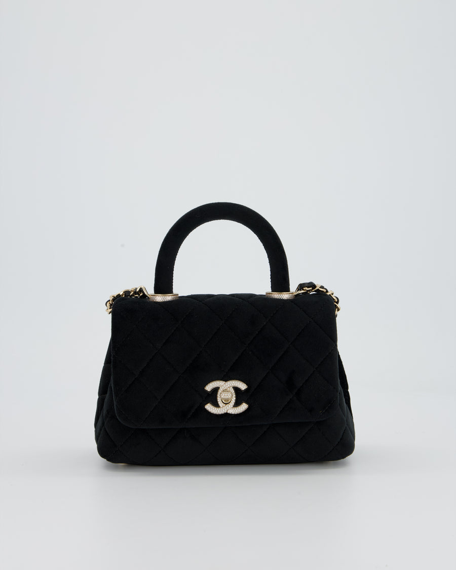 Chanel Mini Coco Top Handle In Black Velvet with Crystal-Encrusted Hardware