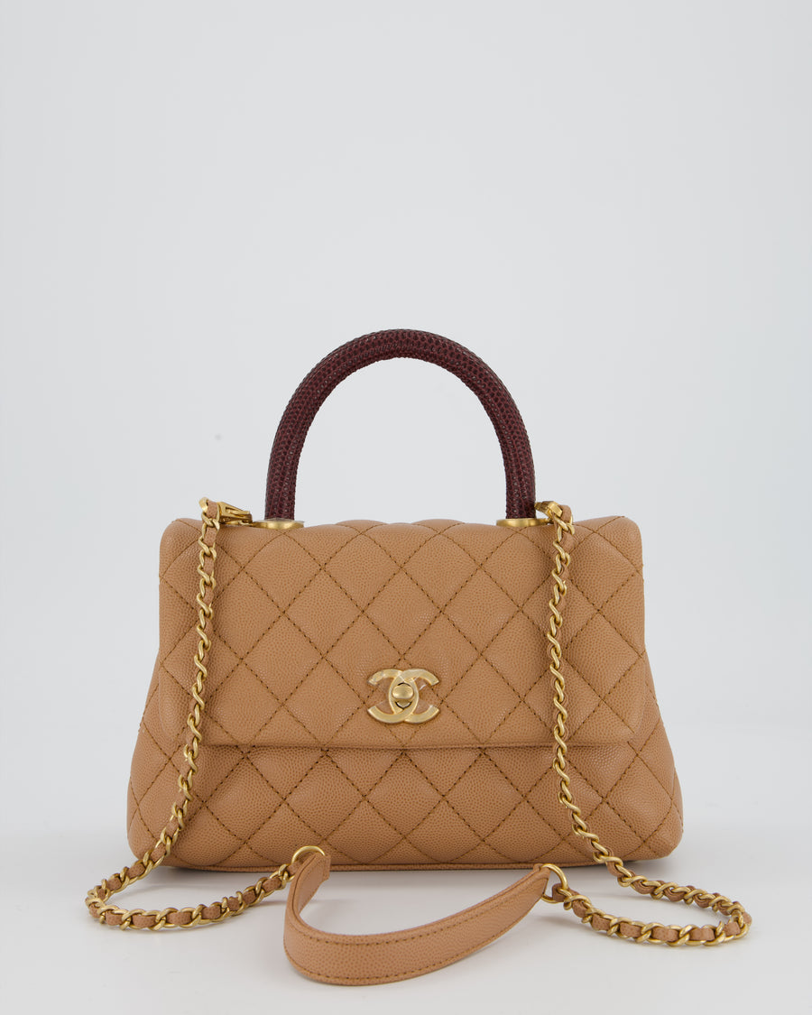Chanel Small Coco Top Handle Bag in Beige Caviar Leather with Burgundy Lizard Handle and Brushed Gold Hardware