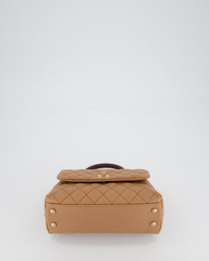 Chanel Small Coco Top Handle Bag in Beige Caviar Leather with Burgundy Lizard Handle and Brushed Gold Hardware