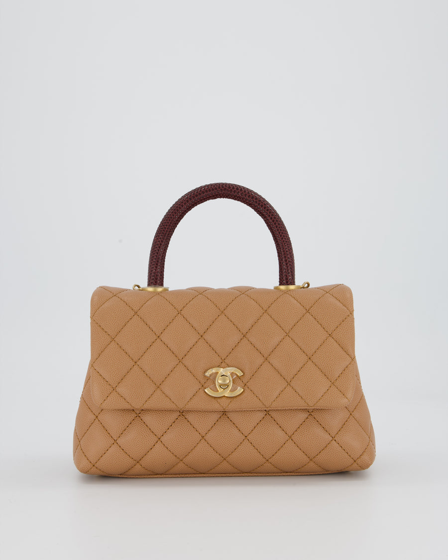 Chanel Small Coco Top Handle Bag in Beige Caviar Leather with Burgundy Lizard Handle and Brushed Gold Hardware
