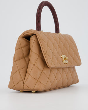Chanel Small Coco Top Handle Bag in Beige Caviar Leather with Burgundy Lizard Handle and Brushed Gold Hardware