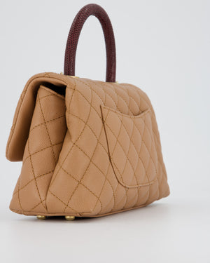 Chanel Small Coco Top Handle Bag in Beige Caviar Leather with Burgundy Lizard Handle and Brushed Gold Hardware