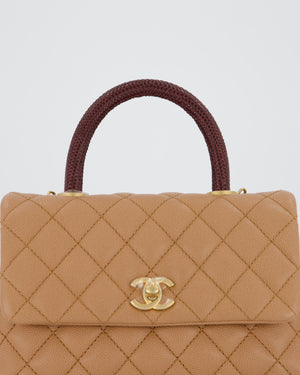Chanel Small Coco Top Handle Bag in Beige Caviar Leather with Burgundy Lizard Handle and Brushed Gold Hardware