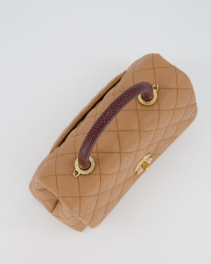 Chanel Small Coco Top Handle Bag in Beige Caviar Leather with Burgundy Lizard Handle and Brushed Gold Hardware