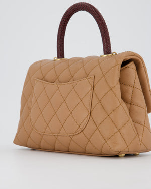 Chanel Small Coco Top Handle Bag in Beige Caviar Leather with Burgundy Lizard Handle and Brushed Gold Hardware