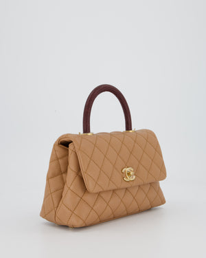 Chanel Small Coco Top Handle Bag in Beige Caviar Leather with Burgundy Lizard Handle and Brushed Gold Hardware