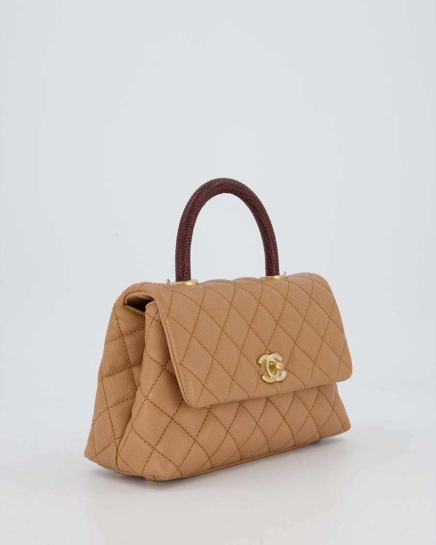 Chanel Small Coco Top Handle Bag in Beige Caviar Leather with Burgundy Lizard Handle and Brushed Gold Hardware
