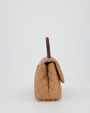 Chanel Small Coco Top Handle Bag in Beige Caviar Leather with Burgundy Lizard Handle and Brushed Gold Hardware