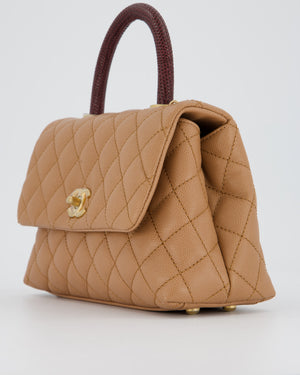 Chanel Small Coco Top Handle Bag in Beige Caviar Leather with Burgundy Lizard Handle and Brushed Gold Hardware