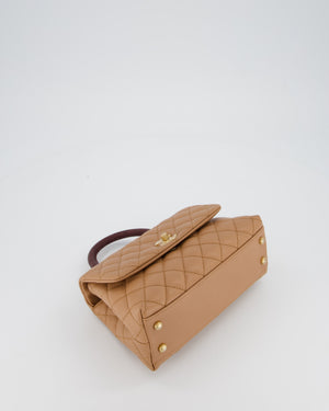 Chanel Small Coco Top Handle Bag in Beige Caviar Leather with Burgundy Lizard Handle and Brushed Gold Hardware