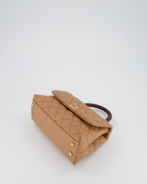 Chanel Small Coco Top Handle Bag in Beige Caviar Leather with Burgundy Lizard Handle and Brushed Gold Hardware