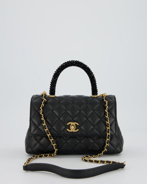 Chanel Small Coco Top Handle Bag in Black Lambskin Leather with Black Crystal-Encrusted Handle and Gold Hardware