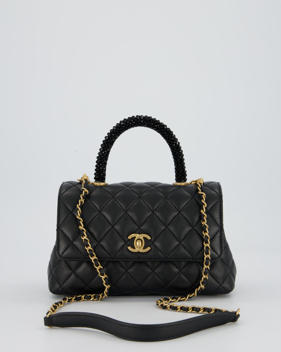 Chanel Small Coco Top Handle Bag in Black Lambskin Leather with Black Crystal-Encrusted Handle and Gold Hardware