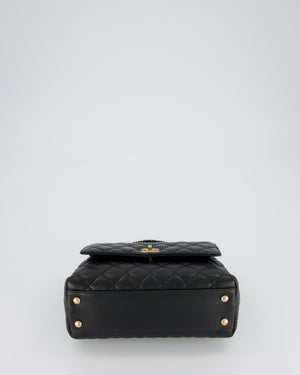 Chanel Small Coco Top Handle Bag in Black Smooth Calf Leather with Black Crystal-Encrusted Handle and Gold Hardware