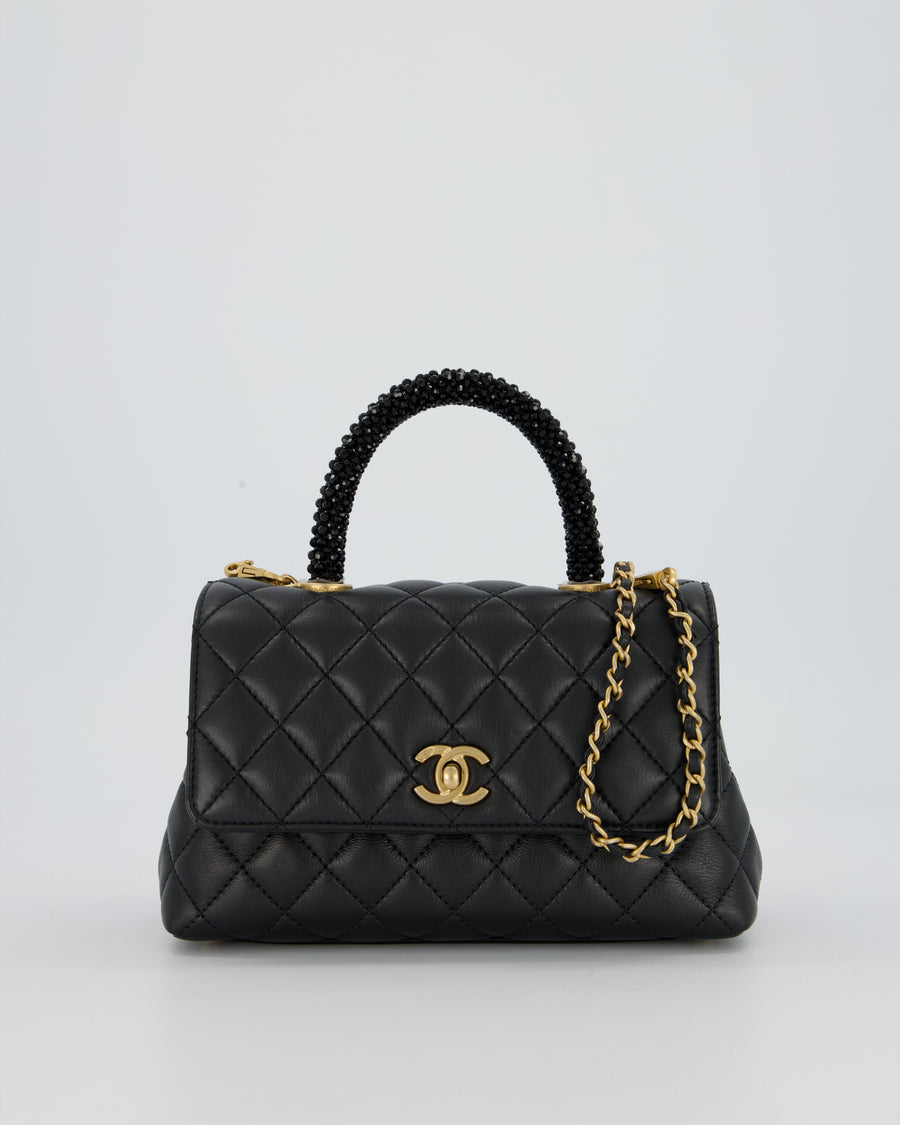 Chanel Small Coco Top Handle Bag in Black Lambskin Leather with Black Crystal-Encrusted Handle and Gold Hardware