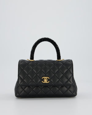 Chanel Small Coco Top Handle Bag in Black Lambskin Leather with Black Crystal-Encrusted Handle and Gold Hardware
