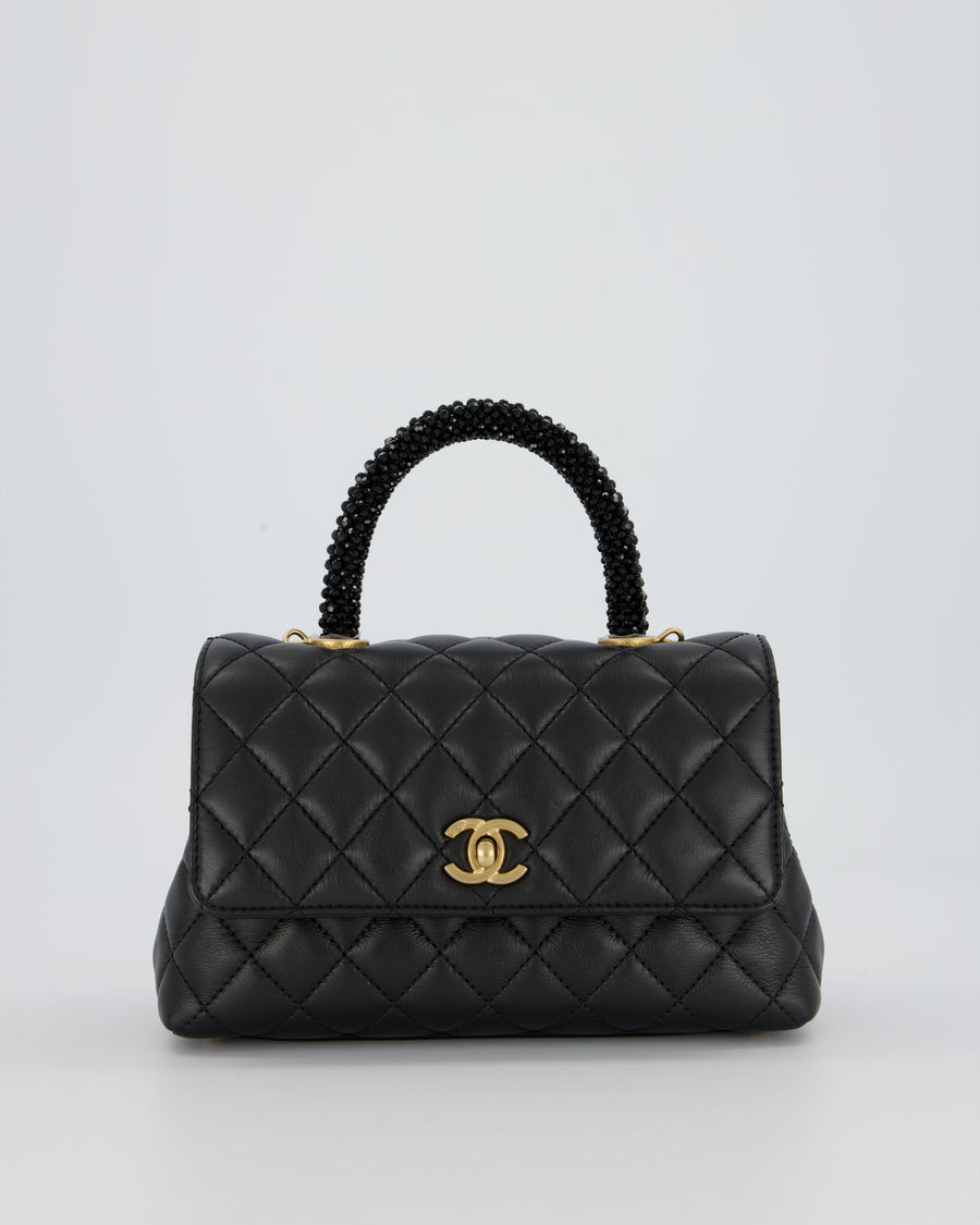 Chanel Small Coco Top Handle Bag in Black Smooth Calf Leather with Black Crystal-Encrusted Handle and Gold Hardware