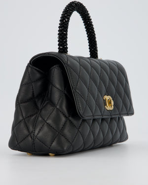 Chanel Small Coco Top Handle Bag in Black Lambskin Leather with Black Crystal-Encrusted Handle and Gold Hardware