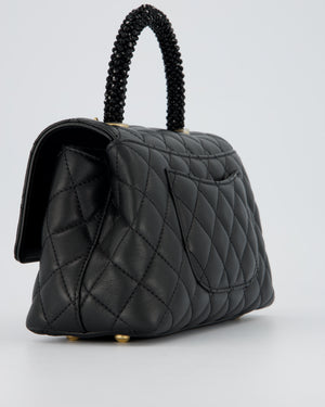 Chanel Small Coco Top Handle Bag in Black Lambskin Leather with Black Crystal-Encrusted Handle and Gold Hardware