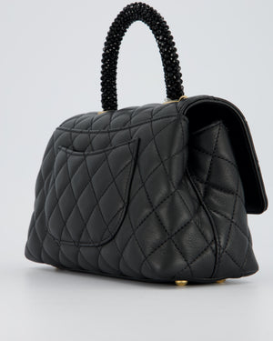 Chanel Small Coco Top Handle Bag in Black Lambskin Leather with Black Crystal-Encrusted Handle and Gold Hardware