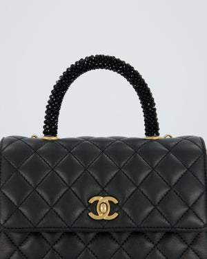 Chanel Small Coco Top Handle Bag in Black Lambskin Leather with Black Crystal-Encrusted Handle and Gold Hardware
