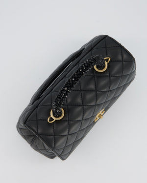 Chanel Small Coco Top Handle Bag in Black Lambskin Leather with Black Crystal-Encrusted Handle and Gold Hardware