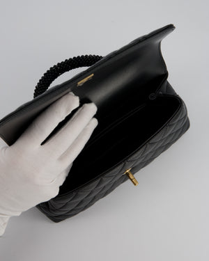 Chanel Small Coco Top Handle Bag in Black Lambskin Leather with Black Crystal-Encrusted Handle and Gold Hardware