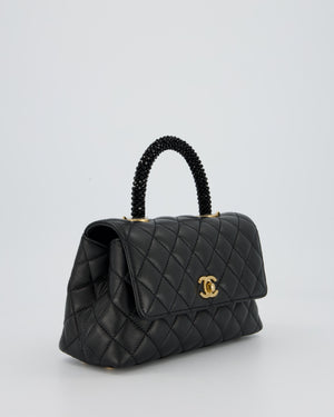 Chanel Small Coco Top Handle Bag in Black Lambskin Leather with Black Crystal-Encrusted Handle and Gold Hardware