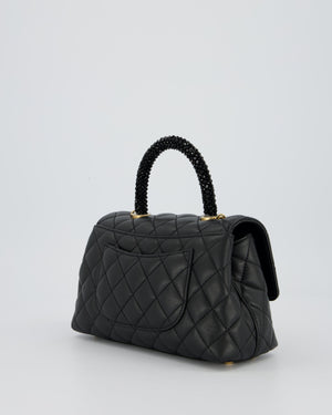 Chanel Small Coco Top Handle Bag in Black Lambskin Leather with Black Crystal-Encrusted Handle and Gold Hardware
