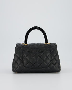 Chanel Small Coco Top Handle Bag in Black Lambskin Leather with Black Crystal-Encrusted Handle and Gold Hardware