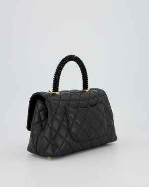 Chanel Small Coco Top Handle Bag in Black Lambskin Leather with Black Crystal-Encrusted Handle and Gold Hardware