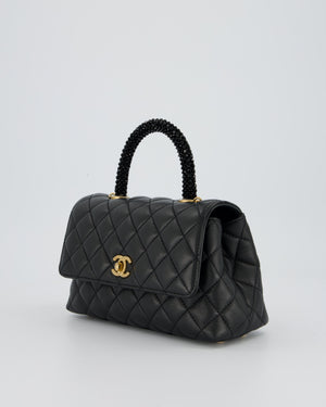 Chanel Small Coco Top Handle Bag in Black Lambskin Leather with Black Crystal-Encrusted Handle and Gold Hardware
